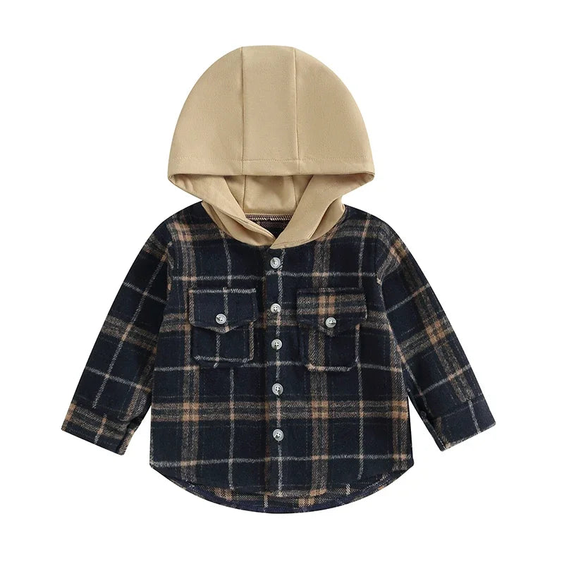 Lioraitiin Toddler Girl Boy Flannel Plaid Jacket Baby Long Sleeve Button Down Hooded Shirt Buffalo Shacket  Fall Winter Clothes