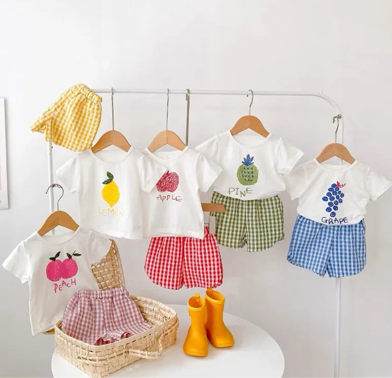 Fashion 2pcs Baby Girl's Short Sleeve Suit Fruit Print Sets Kids T-shirts +shorts Plaid Clothing Toddler Princess Girl Outfits