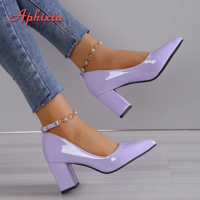 Aphixta 2024New Luxury Rhinestone Pearl Chain 7cm Chunky Heels Pumps Women Shoes String Bead Pointed Toe Bling Crystals Pumps