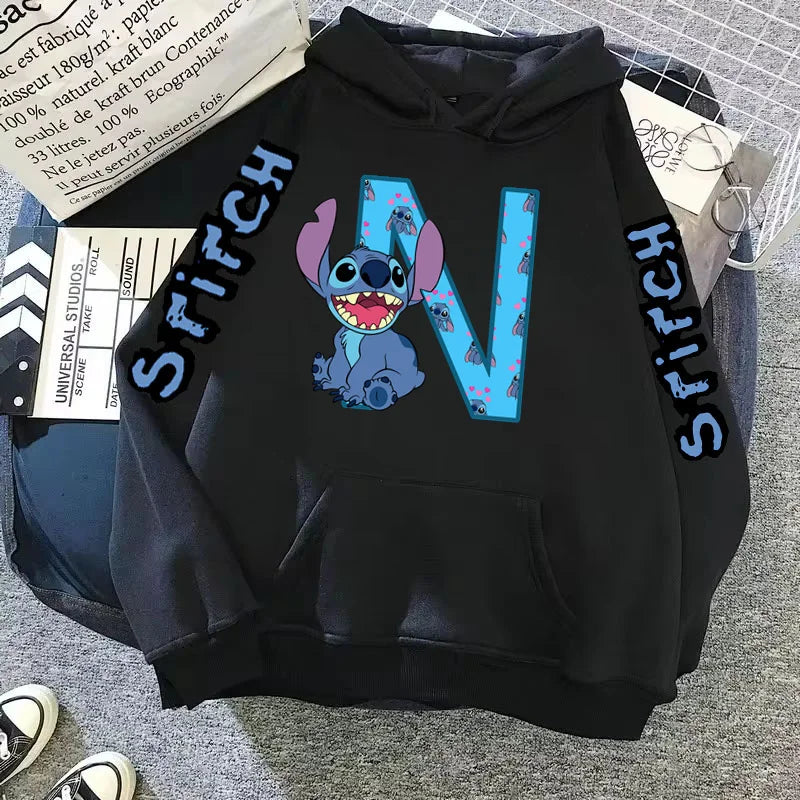 2024 Women's Winter Jacket Cute Kawaii Disney Lilo & Stitch Lucky Letter Print Black Hoodie Fashion Couple Streetwear Sportswear