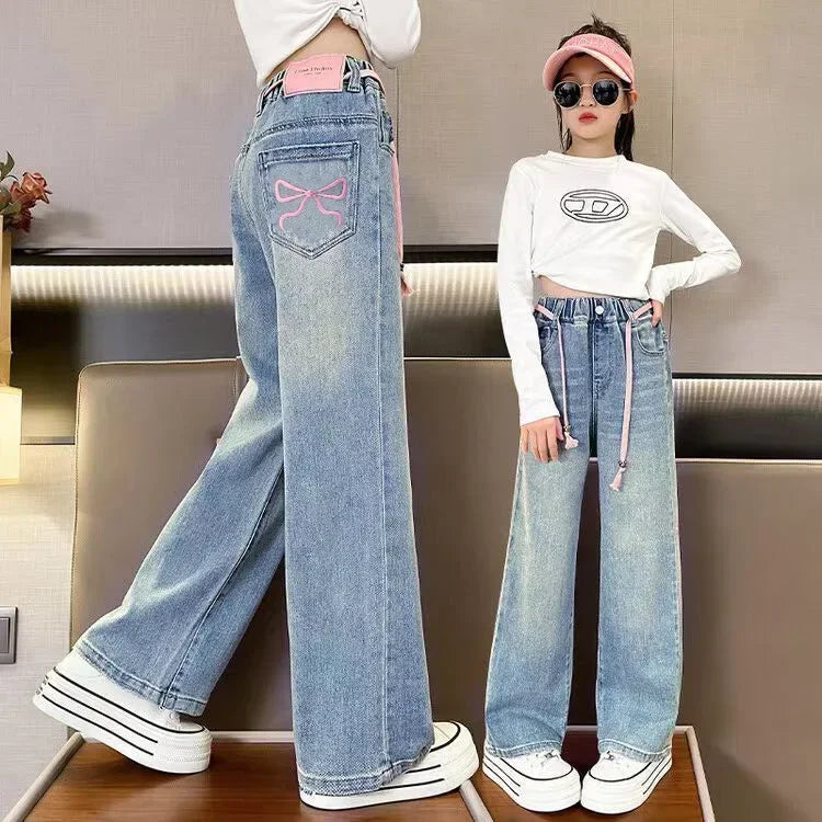 Teenage Girls' Jeans Spring Autumn Kids Korean Casual Pocket Bow Design Denim Pants Fashion Elastic Waist Trousers For Girl