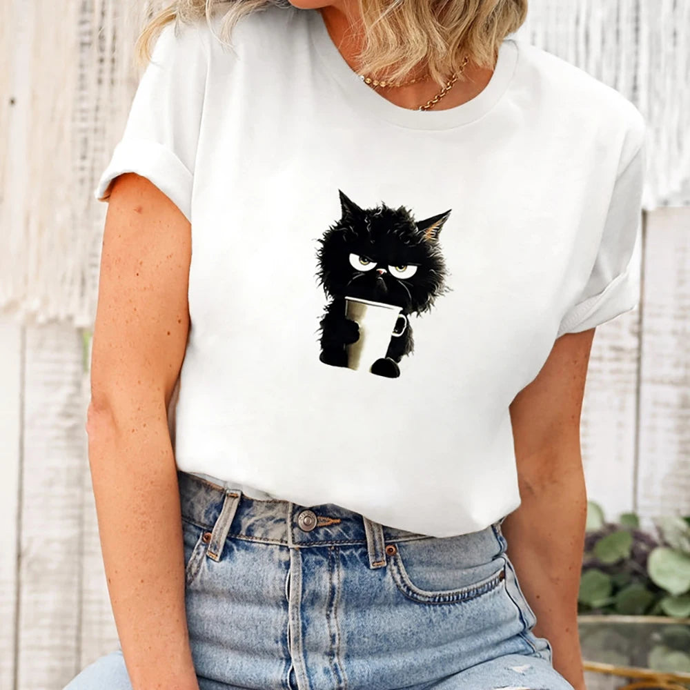 2024 Ladies Spring/Summer New 3d Cartoon Print Cute cat Short-sleeved Casual Crew Neck Top Fashion Loose Fun Clothing