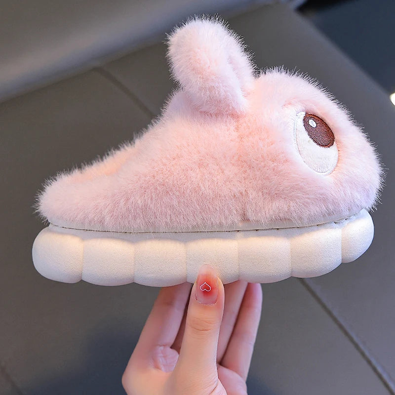 New Winter Cute Big eyed Rabbit Children's Waterproof Warm Non-slip Fluffy Slippers For Girls Boys Kids Indoor Home Cotton Shoes