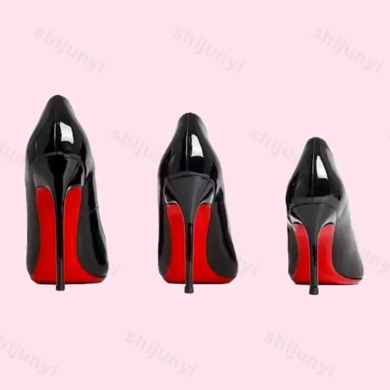 Black Patent Leather Pointed Toe Red Rubber Sole Women's High Heels Party Shoes Sexy Women's Dress Stilettos 2025