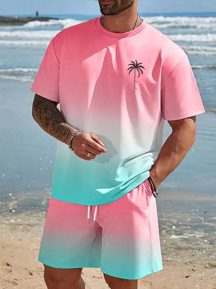 Summer Men's 2 Piece Set Hawaiian Fashion Casual Men's T-shirt Outdoor Beach Men's Shorts Palm Tree Print O-neck Short Sleeves