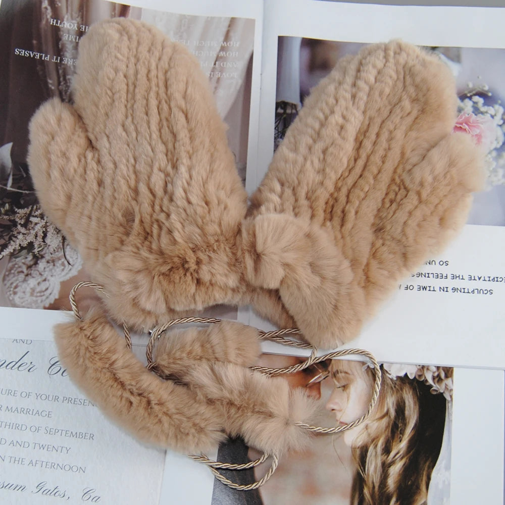 Winter Girls Warm Soft Genuine Fur Glove Good Elastic Women Real Fur Gloves Handmade Knitted 100% Natural Rex Rabbit Fur Mittens