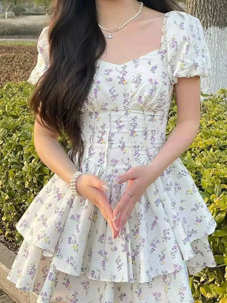 Preppy Style Dresses for Women Lovely Girls Fashion Floral Design Mini Sweet Chic Korean Young Summer Clothing All-match Casual