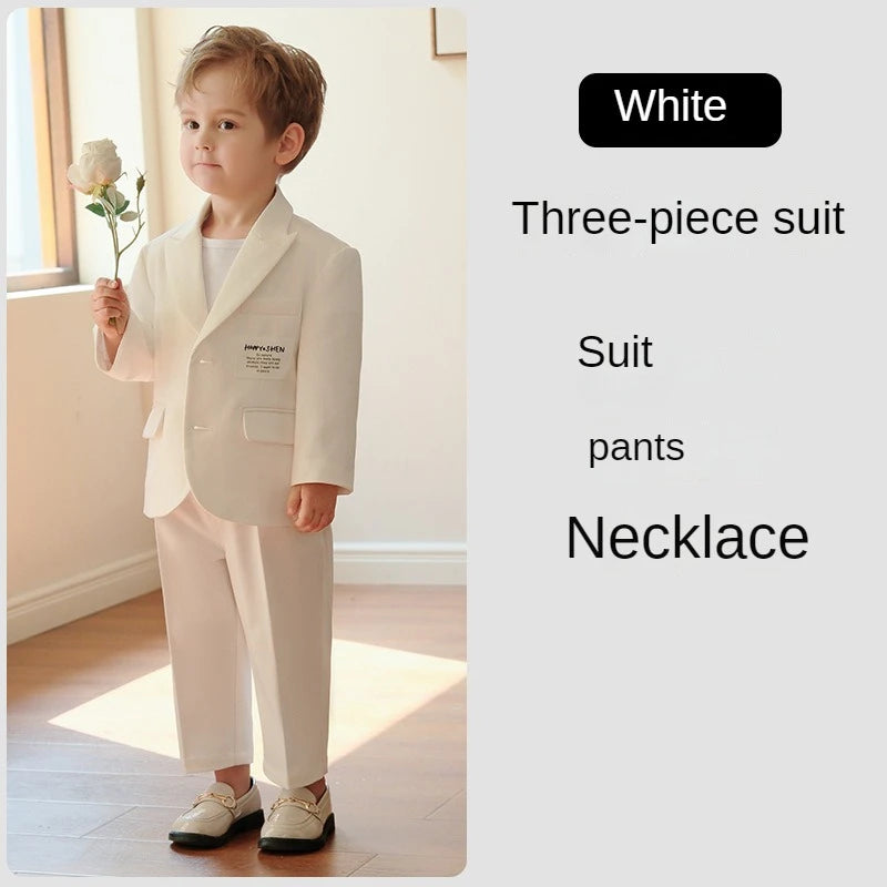 Boys Casual Suit White Gentleman Formal Wedding Tuxedo 2 To 12 Year Spring Autumn Children Host Speech Piano Performance Costume