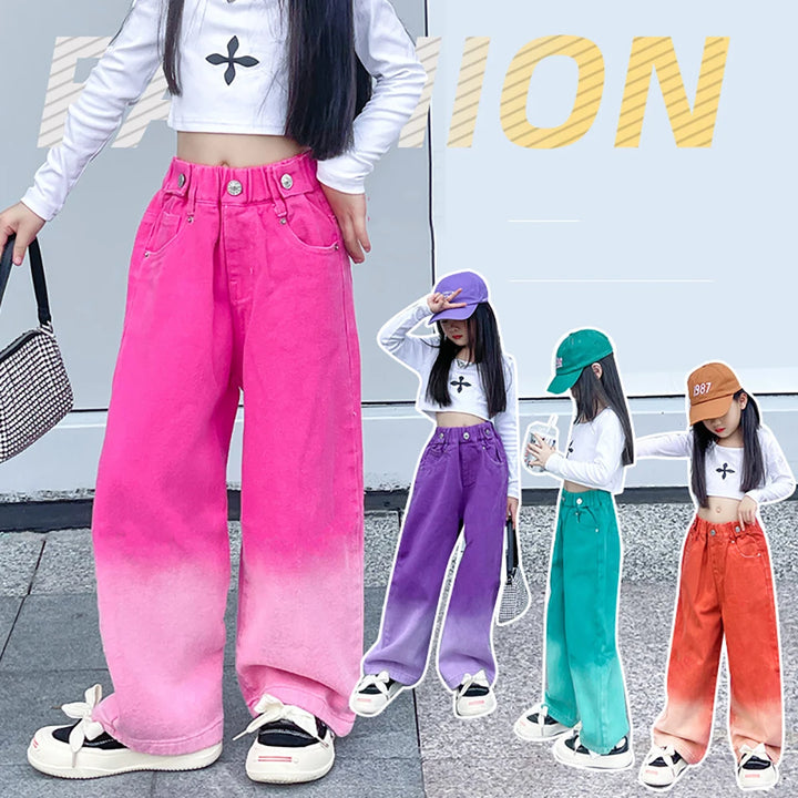 Teenagers Girl Wide Leg Jeans Kids Girls Denim Pants Children Outwear Long Trousers Girl JAZZ Clothing Fall Spring 110-170