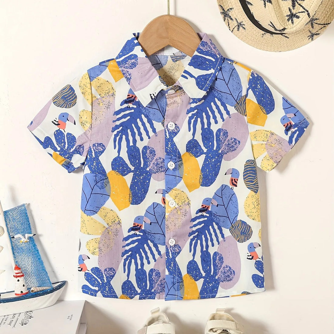 Boys Summer Holiday Hawaiian Party Style Floral And Leaf Full Print Kids Short Sleeve Lapel Shirt Children Summer Tops