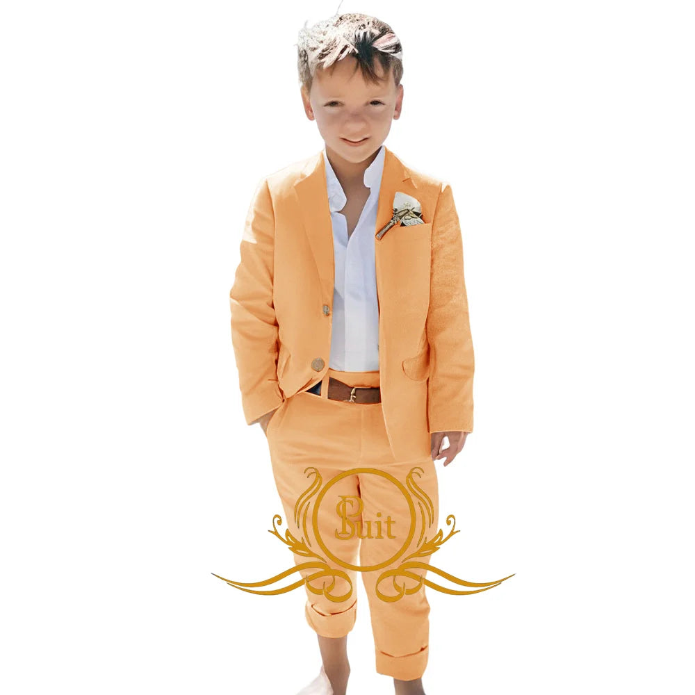 Solid Color Linen Suit Summer Beach Wedding Boy Suit Jacket Pants 2 Pieces Set Kids Linen Suit