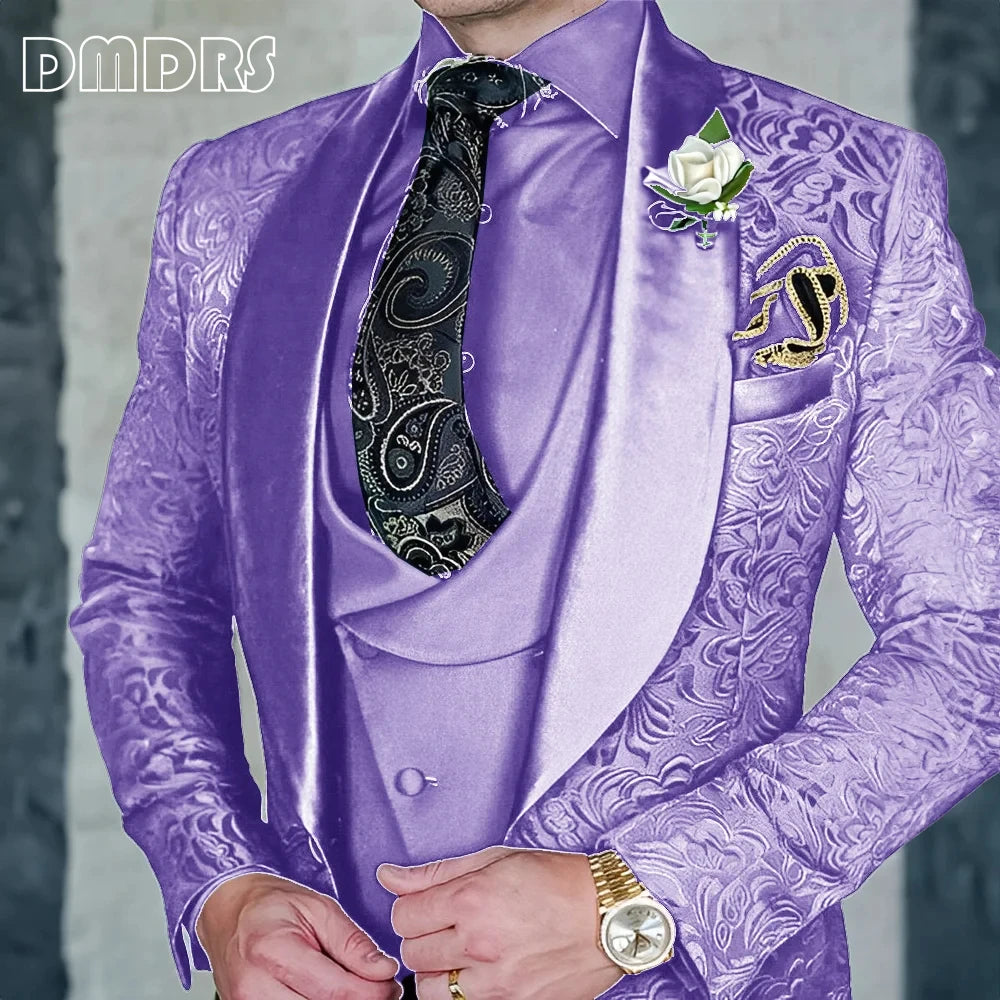 DMDRS | Jacquard Men's 3-piece Suit Set Formal Party Dress Groom's Tuxedo High Quality Elegant Men's Customized Outfit