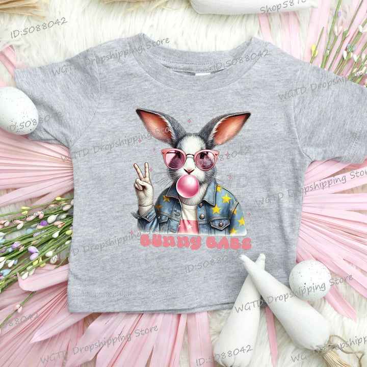 Bunny Babe Kids T-shirts Funny Rabbit Blowing Bubble Print T Shirts Vintage Fashion Short Sleeve Tops Boys Girls Easter Tshirt