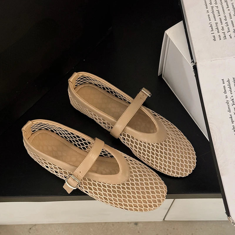 In Summer, Wear Round Toe, Straight Buckles, Casual and Comfortable, Women's Flats, Cut-out Mary Jane Single Shoes,fishnet Shoes