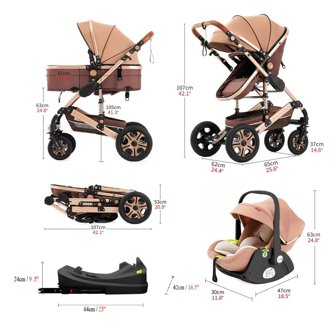 3 in 1 Baby Stroller,Baby Travel System,Baby Carriage 3in1 with Isofix Base,Foldable Newborn Pram,Reversible Standard Stroller