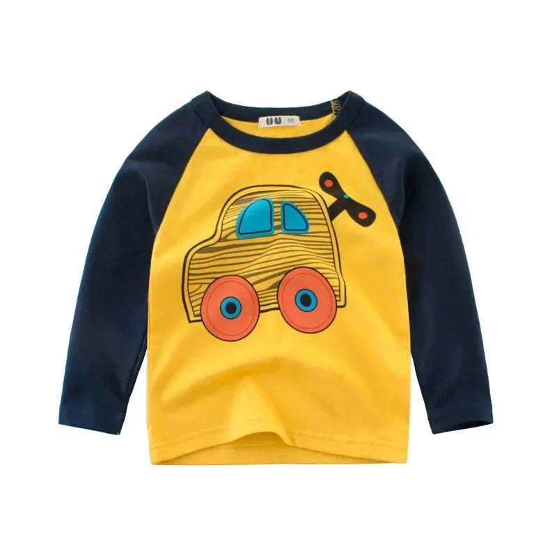 2025 Autumn T Shirt Cartoon Car T-shirt Boys Girls Baby Kids Clothes Cotton Long Sleeve Top for Boy Children's Clothing 2-9 Year