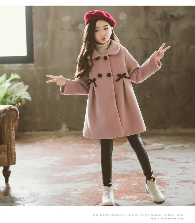 New Winter Teenager Girls Long Jackets Toddler Kids Outerwear Clothes Casual Children Keep Warm Woolen Trench Coat 3-12 Years