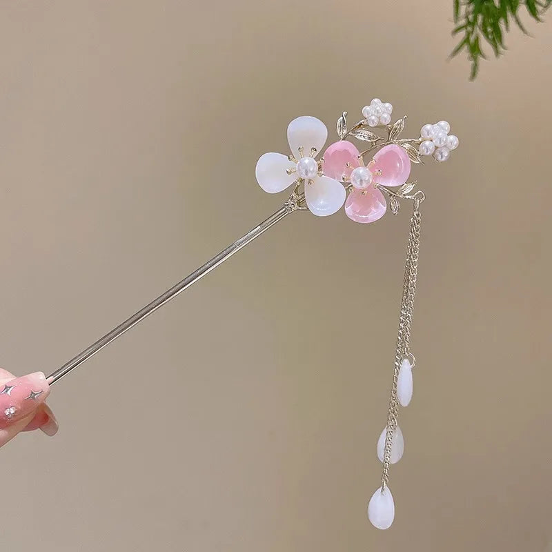 Elegant Chinese Style Hair Accessory Romantic Enameled Flower Tassel Hair Clip Alloy Jewelry Hairpin For Women Fashion Hairpin