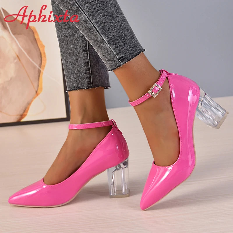 Aphixta 2024New Luxury Rhinestone Pearl Chain 7cm Chunky Heels Pumps Women Shoes String Bead Pointed Toe Bling Crystals Pumps