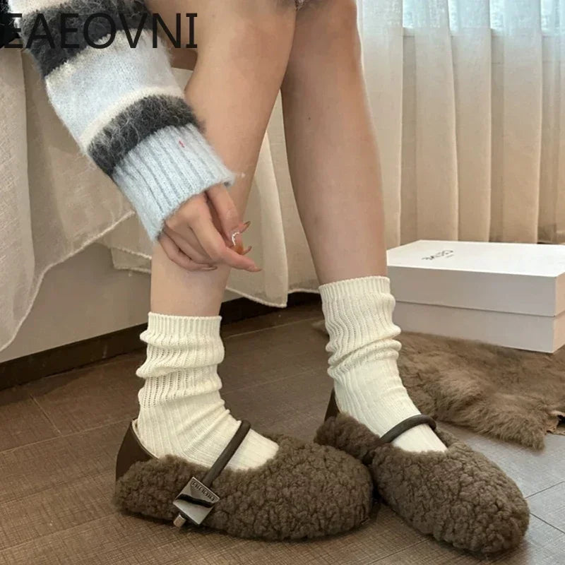 Spring Women Warm Cotton Flat Shoes Fashion Round Toe Shallow Slip On Ladies Ballerinas Shoes Soft Casual Outdoor Laofer Shoes