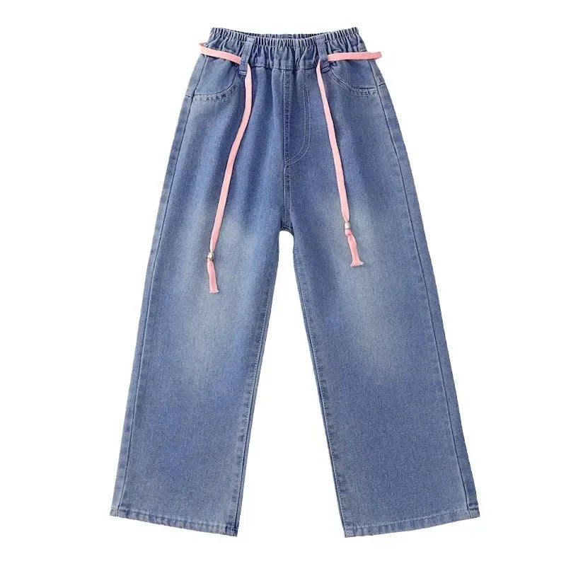 Teenage Girls' Jeans Spring Autumn Kids Korean Casual Pocket Bow Design Denim Pants Fashion Elastic Waist Trousers For Girl