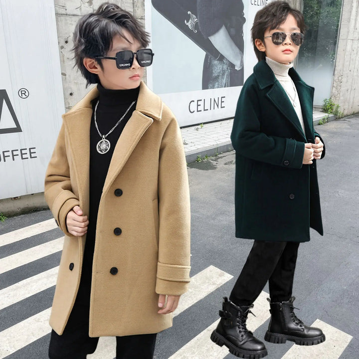 Kid Fromal Birthday Party Photography Woolen Coat Children Winter Green Khaki Wool Coat Boys Girls Windproof Outdoor Long Jacket