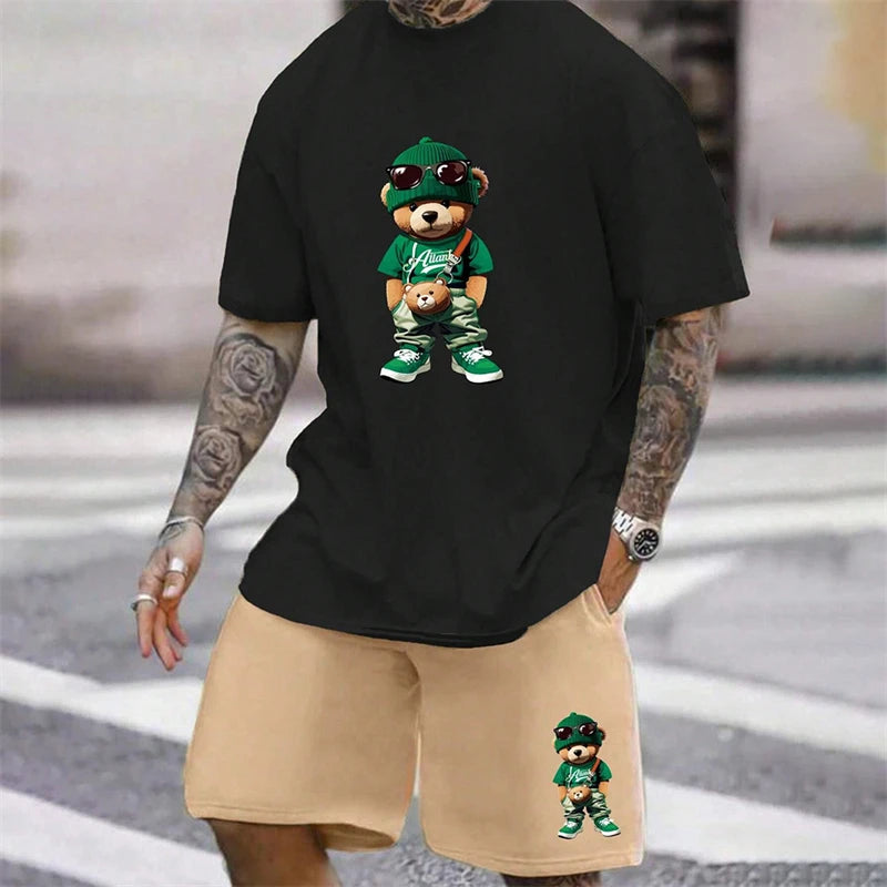 2025 Fun Bear Harajuku T-Shirt Men's Summer Loose Daily Couple Suit Outdoor Street Short Sleeve Shorts Two Piece Men Summer Suit