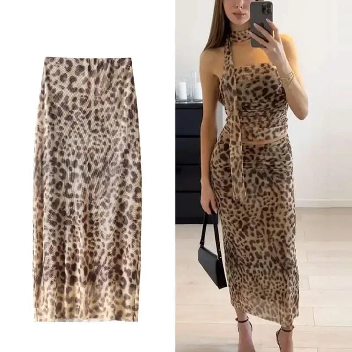 ASDS Leopard Print Tulle Skirt Woman Vintage High Waist Long Skirts For Women Summer Mesh Midi Skirt Elegant Women's Skirts