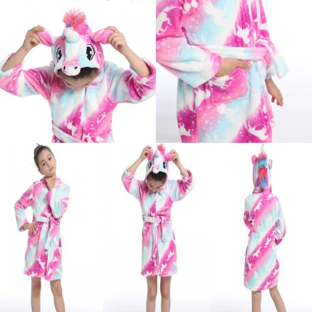 Lilo & Stitch Disney Girls Robes Children's Nightgowns Flannel Winter Sleepwear Kids Pyjamas Blue Stitch Unicorn Kigurumi Robes