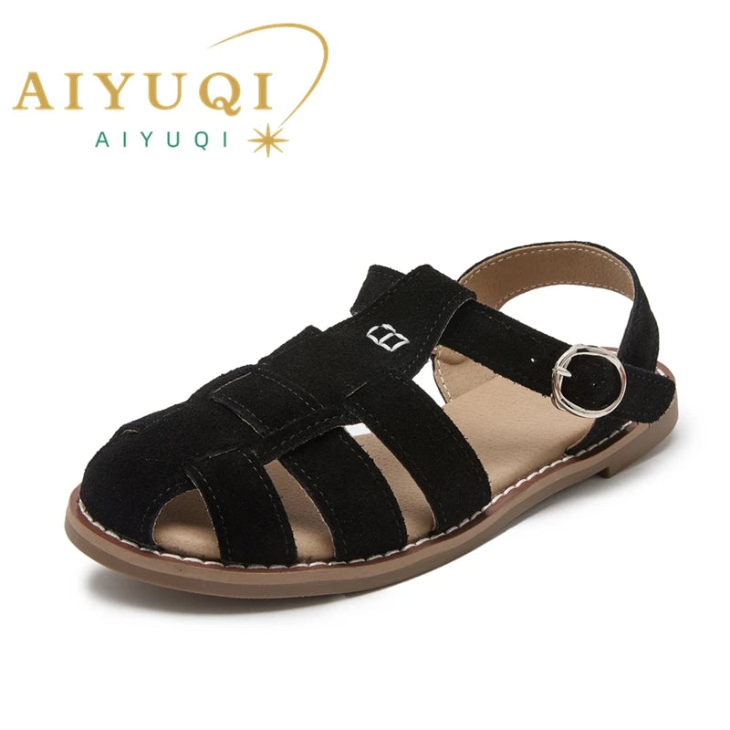 AIYUQI Flat-soled Retro Genuine Leather Hollow Baotou Sandals Women's 2024 New Hollow Pig Cage Women's Sandals