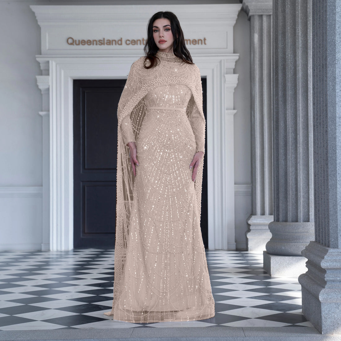 Alice CollectionPro Dubai Arabic Champagne Long Evening Dress 2024 Women's Prom Evening Dresses Gown with Cape Luxury Customized