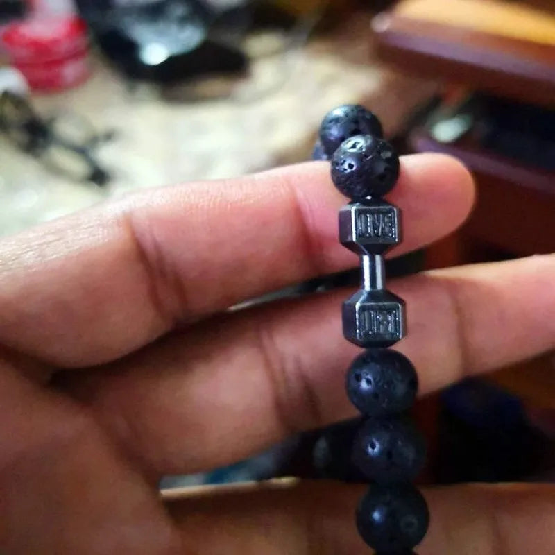 Natural Black Volcanic Lava Stone Dumbbell Bracelet Black Matte Beads Bracelets For Women Men Fitness Barbell Jewelry Pulseras