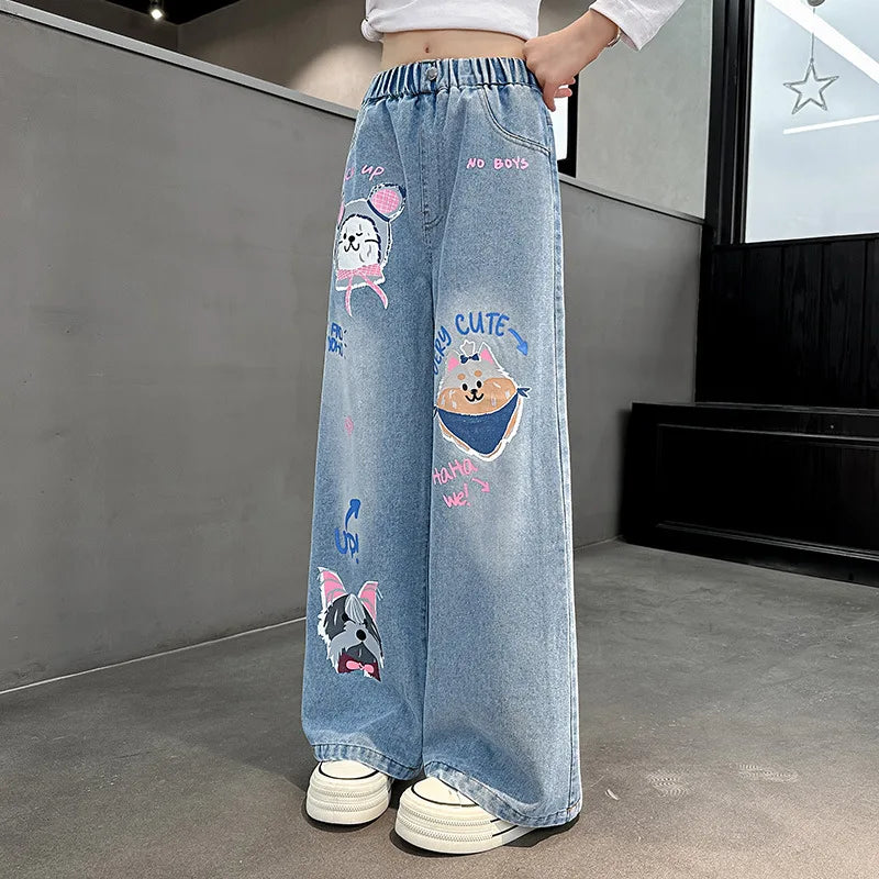 2024 Cartoon Fashion Pattern Jeans for Girl Loose Straight Denim Pants Lovely Print Kids Spring Autumn Korea Style Long Trousers