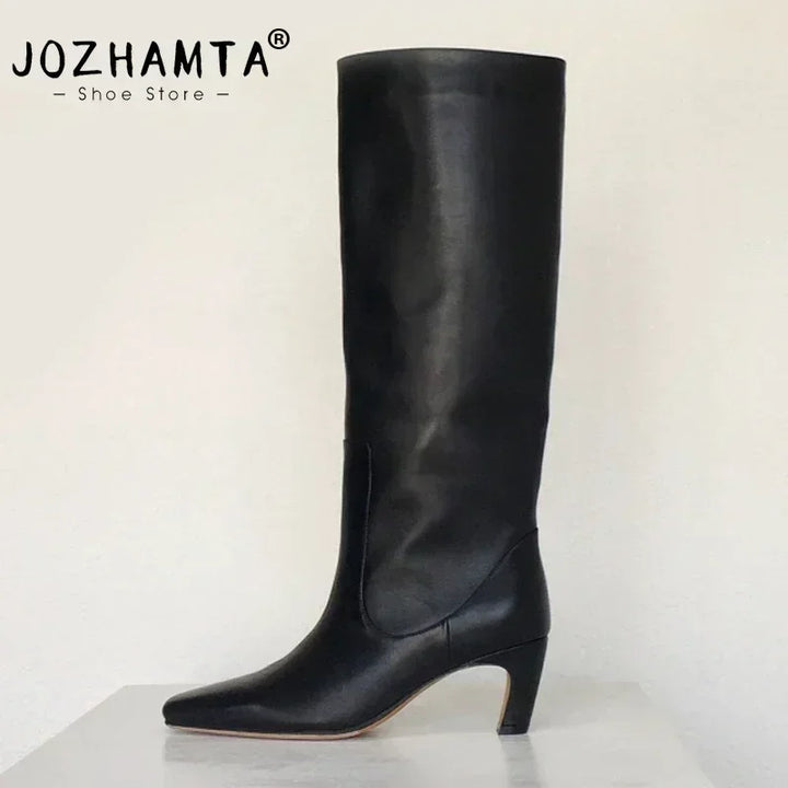 JOZHAMTA Size 34-43 Women Knee Boots Real Leather Wide Calf Fall Winter Shoes 2025 Kitten High Heels Long Tall Boot Casual Dress