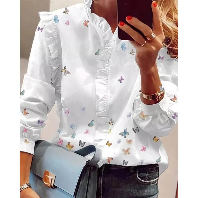 Elegant and Young Women's Long Sleeve Blouse, Butterfly Print, White Lace Blouses, Women's Fashion Clothes, 2024