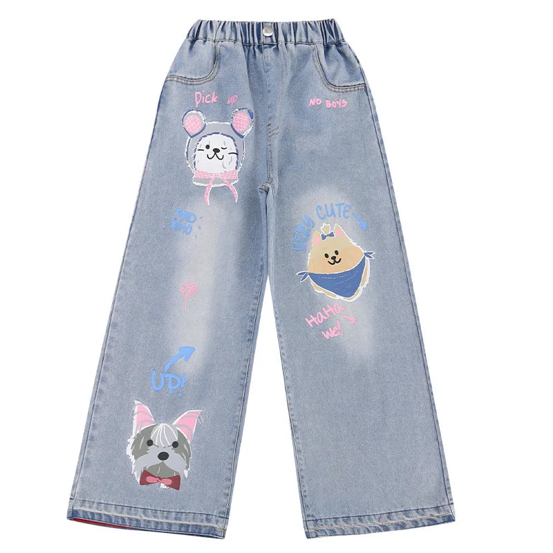 2024 Cartoon Fashion Pattern Jeans for Girl Loose Straight Denim Pants Lovely Print Kids Spring Autumn Korea Style Long Trousers