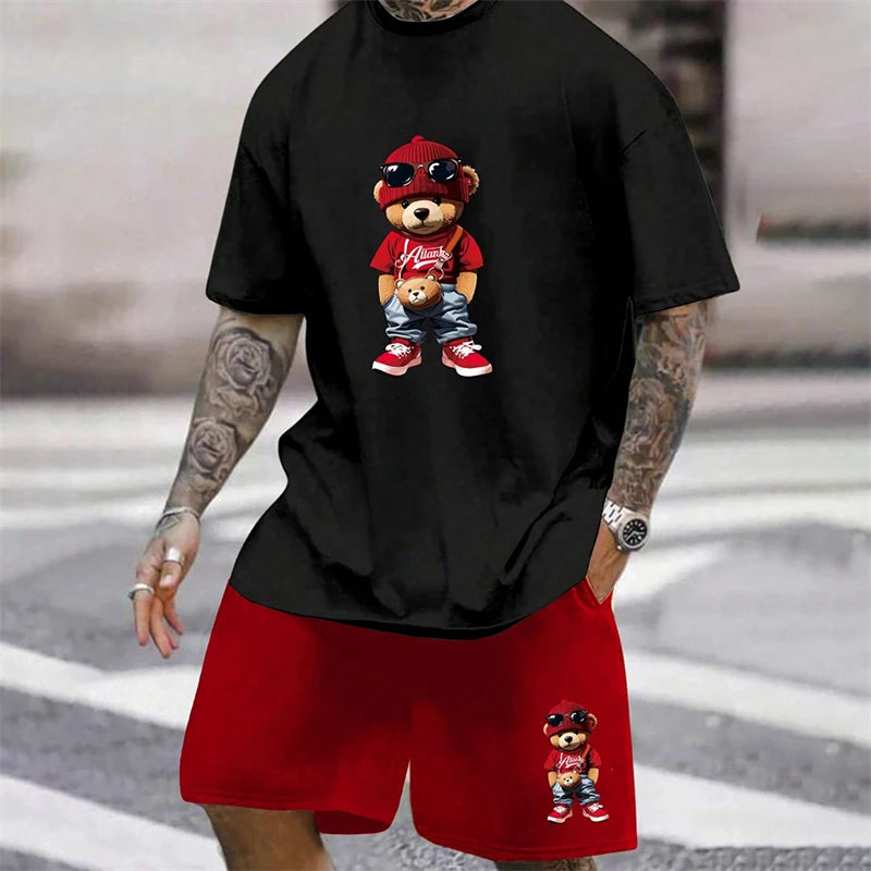 2025 Fun Bear Harajuku T-Shirt Men's Summer Loose Daily Couple Suit Outdoor Street Short Sleeve Shorts Two Piece Men Summer Suit