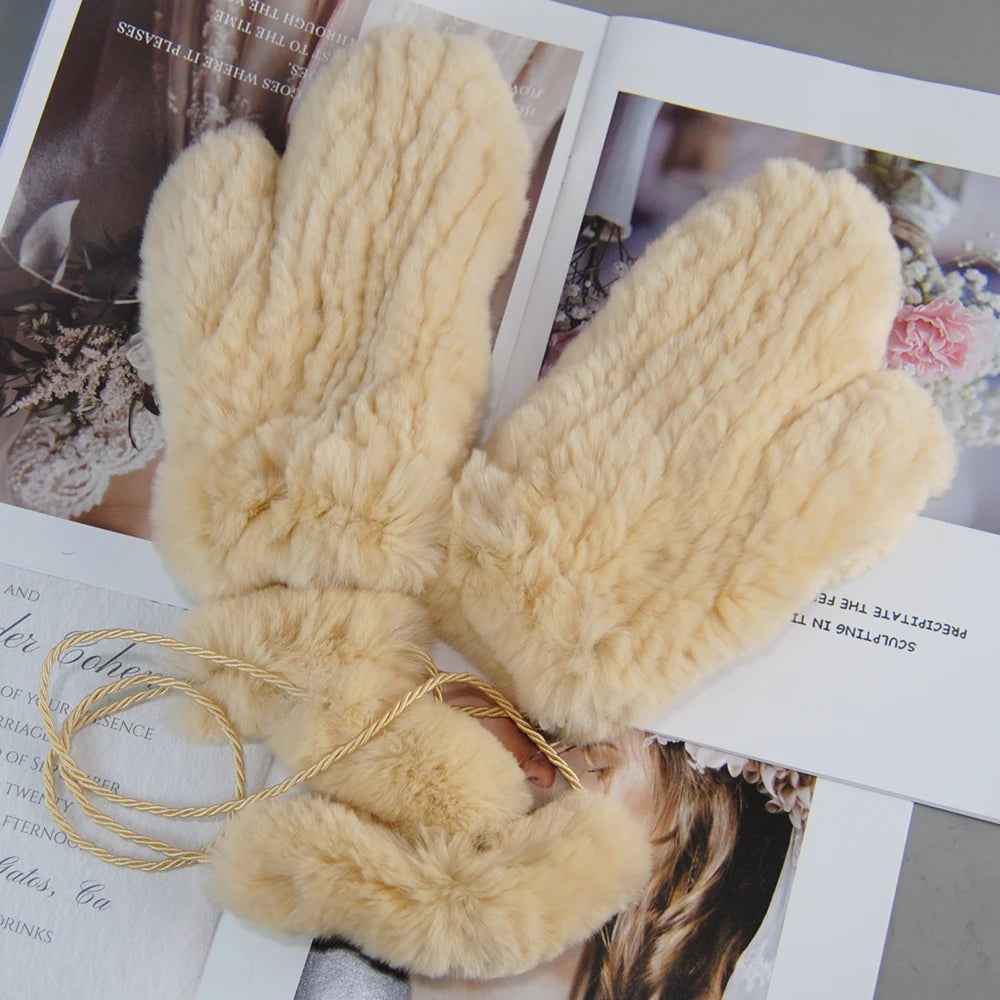 Winter Girls Warm Soft Genuine Fur Glove Good Elastic Women Real Fur Gloves Handmade Knitted 100% Natural Rex Rabbit Fur Mittens