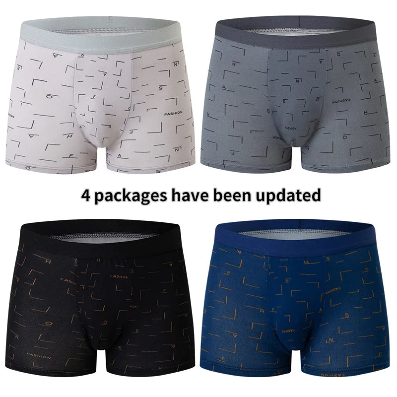 4-piece MEN'S Underwear Comfortable and Fashionable Plus-size Printed Boyshort Maximum 6XL Swimming Trunks for Teenagers.