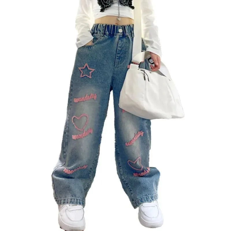 Girls School Wide Leg Pants with Heart Star Design Casual Loose 2024 Kids Fashion Long Jeans Children Korean Style Trousers