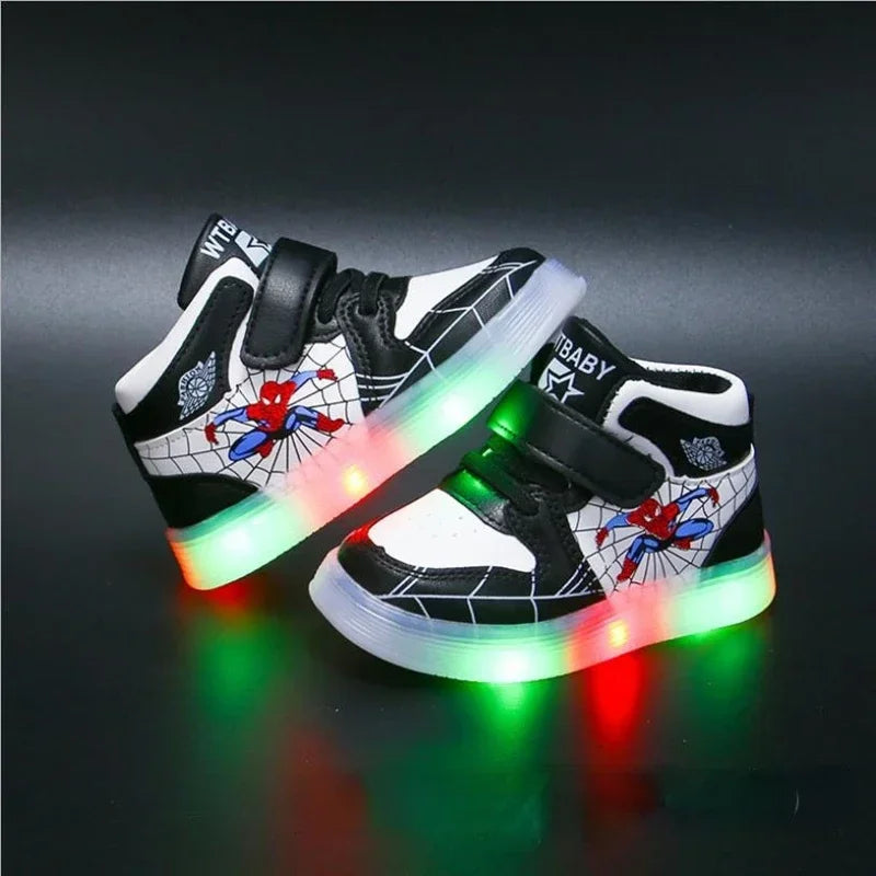 Disney Children's Led Light Shoes Fashion Design Spiderman Boys Sneakers Girls Cartoon Casual Shoes Breathable Kids Sport Shoes