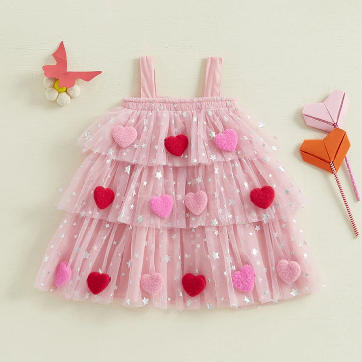 Kids Baby Girls Mesh Tulle Dress Cute Valentines Day Outfit Sleeveless Layered Bow Heart Sundress Toddler Party A-Line Dress