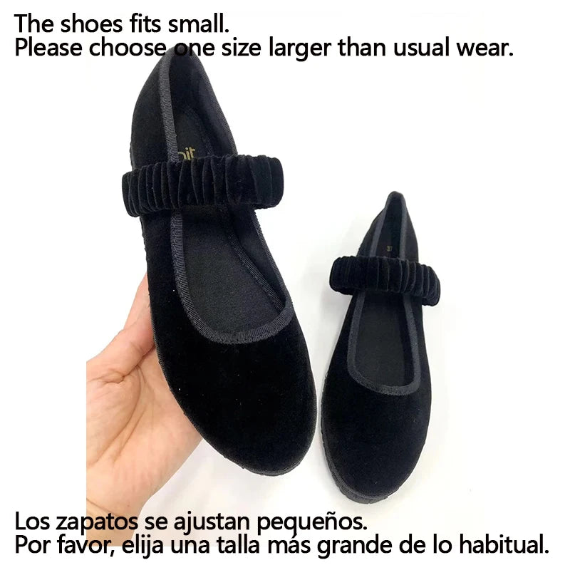 Elastic Band Velvet Mary Janes Ballet Flats Shoes Women 2024 Trend Solid Color Fabric Canvas Shoes Ladies Elegant Loafers Black