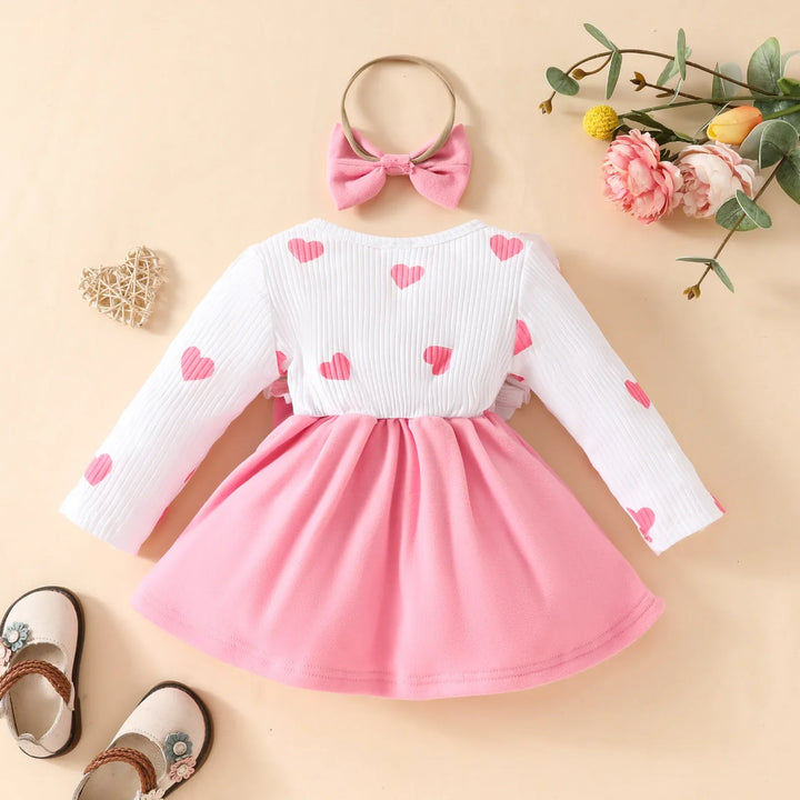 Valentine's Day Baby Clothes 0-3Y Girls Outfits Infant Heart Print Dress with Bow Headwear 2Pcs Toddler Cute Princess Dress