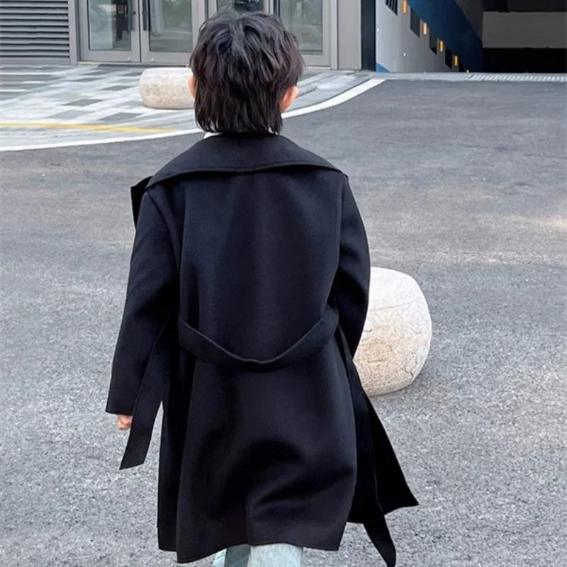 Boys Woolen Coat Overcoat Jacket Windbreak 2024 Black Warm Plus Thicken Autumn Winter Cotton School Children's Clothing