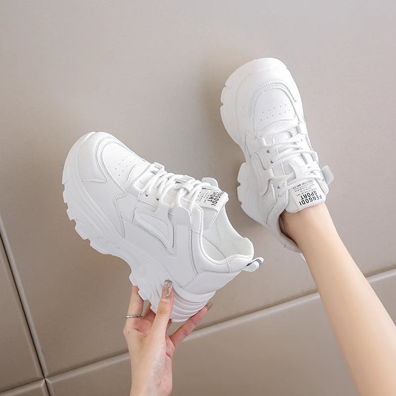 White Platform Women's Sneakers 2024 Spring Lace-Up Thick Bottom Vulcanize Shoes Woman Pu Leather Breathable Sports Shoes Ladies