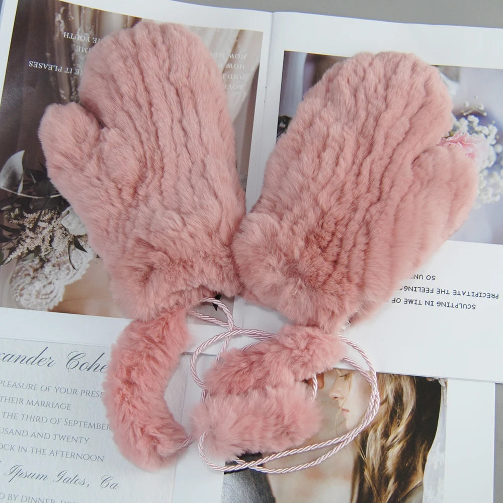 Winter Girls Warm Soft Genuine Fur Glove Good Elastic Women Real Fur Gloves Handmade Knitted 100% Natural Rex Rabbit Fur Mittens