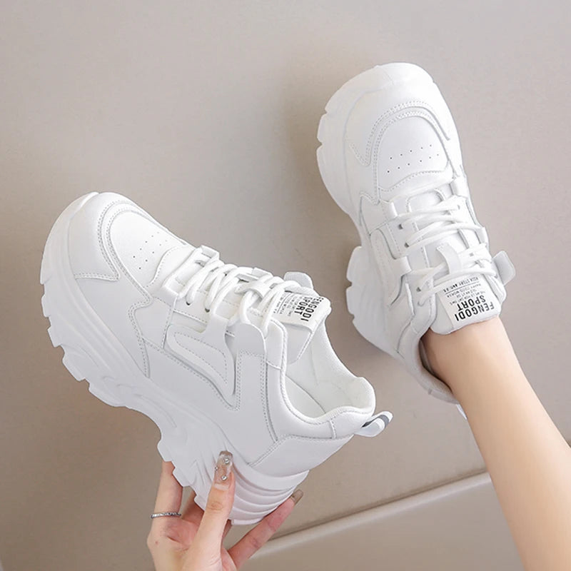 White Platform Women's Sneakers 2024 Spring Lace-Up Thick Bottom Vulcanize Shoes Woman Pu Leather Breathable Sports Shoes Ladies