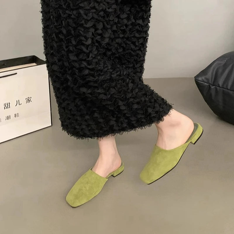 SUOJIALUN 2024 Autumn Women Flat Shoes Fashion Round Toe Slip On Mules Shoes Soft Flat Heel Outdoor Casual Dress Sandal Shoes