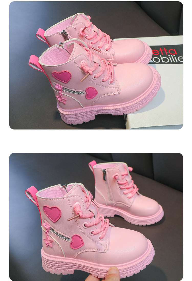 Girls Boots Kids Fashion Rubber Boots Cool Girl Autumn and Winter Cotton Soft Sole Pink with Love Side Zip Princess Round-toe PU